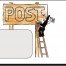 Eine Person auf einer Leiter klebt den "Geschäftspost"-Aufkleber als großes Holz-POST-Schild; unten links ist ein leeres Rechteck zu sehen. Wertica Shop