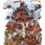 Das Cartoon-Poster 'Die Dachdecker am Steildach' zeigt geschäftige, gleich gekleidete Figuren, die chaotisch an einem roten Steildach arbeiten. Wertica Shop