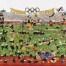 Comic-Zimmerer-Olympiade: Nonnenteam sprintet mit Balken, springt über Latten - Publikum feiert, olympische Ringe leuchten im Stadion. Wertica Shop