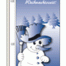 Weihnachtsfahne 120x300 cm: Fröhlicher Schneemann mit Rechen, schwarzem Hut & blauem Schal zwischen Schnee-Bäumen. "Frohe Weihnachten" in Weiß/Blau. Wertica Shop