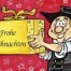 Cartoonmann in Tracht hält gelbe Geschenkbox "Weihnachtsaufkleber 'Zimmerer'" vor rotem Hintergrund mit weißen Sternen. Wertica Shop