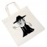 Die Baumwolltasche "Timmy" ist weiß und zeigt Timmy tanzend im schwarzen Hut, mit Brille und schwarzem Mantel - ein fröhlich-verspieltes Motiv. Wertica Shop