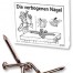 Zwei gebogene Nägel aus dem "Knobelspiel" sind miteinander verbunden. Im Hintergrund ist eine Karikatur zu sehen, die eine frustrierte Person beim Hämmern von Nägeln zeigt: "Die verbogenen Nägel". Wertica Shop