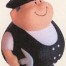 Knautschfigur "Dachdecker-Bert": Lächelnde Cartoonfigur mit schwarzem Hut, Weste, weißem Hemd und grauer Sichel in der Hand. Wertica Shop