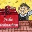 Cartoon-Dachdecker winkt neben großem, rotem Geschenk mit "Frohe Weihnachten"-Aufschrift auf gelbem Sternenhintergrund. Wertica Shop