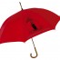 Der rote Regenschirm hat einen Holzgriff, zeigt eine Cartoonfigur mit Schirm im Regen und den Text "Dachdecker lassen Sie nicht im Regen stehen". Wertica Shop