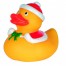 Gelbe Quietscheente mit roter Weihnachtsmütze, passendem Umhang und grünem Band; posiert vor weißem Hintergrund. Wertica Shop