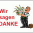 Der Aufkleber zeigt einen Cartoon-Dachdecker mit Blumen neben Büchern. In Rot steht: Wir sagen DANKE. Format: 40 x 30 mm. Wertica Shop