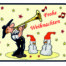 Karikatur: Mann in Tracht spielt Trompete, zwei Schneemänner mit roten Hüten, Noten, Sterne & "Frohe Weihnachten" auf Zimmerer-Mappe. Wertica Shop