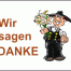 Der "Wir sagen Danke"-Zimmerer-Aufkleber (40x30 mm) zeigt einen Zimmerer mit Blumenstrauß neben dem braunen Text "Wir sagen DANKE". Wertica Shop