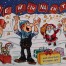Vier Cartoon-Dachdecker feiern mit Santa, Baum, Geschenken, Katze, Hund & Schneemann im Schnee. Banner: "Frohe Weihnachten", Schild: "und alles Gute im neuen Jahr. Wertica Shop