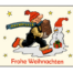 Der Weihnachtsaufkleber zeigt einen winterlich gekleideten Dachdecker mit Schal, der Ziegel zum festlich geschmückten Schneemann trägt. Wertica Shop