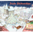 Auf der Karte schmücken Cartoon-Dachdecker Dächer um einen Weihnachtsbaum, mit "Frohe Weihnachten" und großem Geschenk samt Schleife im Vordergrund. Wertica Shop