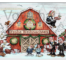 Cartoon-Tiere feiern in der Werkstatt, geschmückt mit Kränzen, Bäumen und Geschenken. Auf dem Schild steht: Frohe Weihnachten!. Wertica Shop
