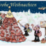 Cartoon-Schneemänner schmücken eine Dachziegel-Tanne mit Sternen, Geschenken, Schild: "und alles Gute im neuen Jahr." Frohe Weihnachten!. Wertica Shop