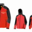 Drei Ansichten der Kapuzen-Softshell-Jacke "Classic" in Rot-Schwarz mit Firmenlogo: Vorderseite, seitlich mit Reißverschlusstaschen und Rücken. Wertica Shop