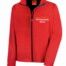 Rote Softshell-Jacke "Classic" mit weißem "Dachdeckerei Botor"-Aufdruck, gelbem Dachlinien-Motiv links, hohem Kragen und Brusttasche. Wertica Shop