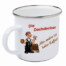 Weiße Emaille-Tasse mit Cartoon-Dachdecker. Spruch: "Die Dachdecker. Alles andere ist kalter Kaffee!" Wertica Shop